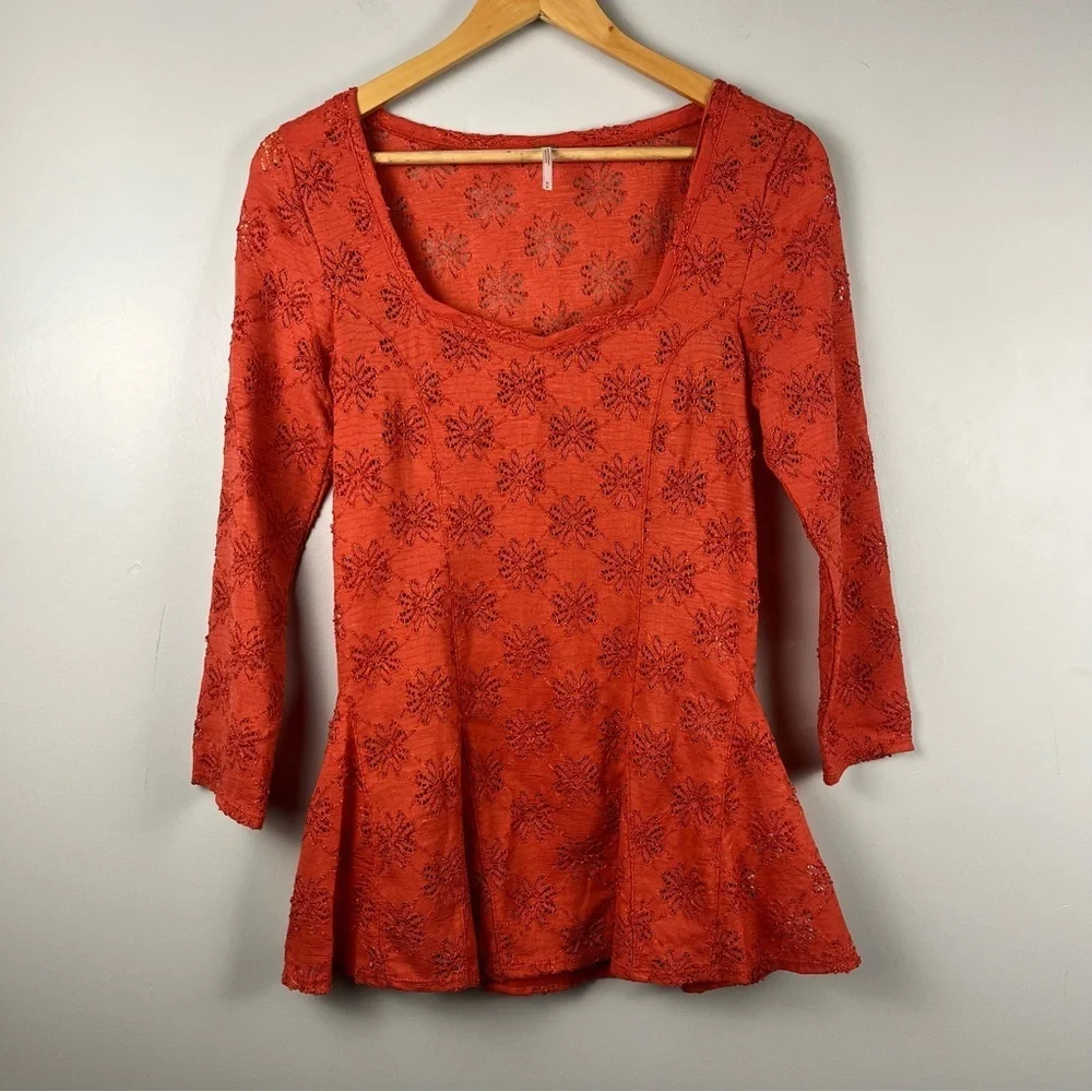 Free People Lace Peplum Daisy Pointelle Persimmon Unlined Top Size medium